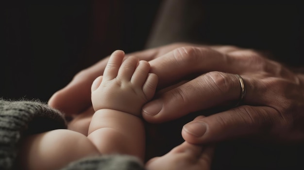 Father holds baby hand close up shot generative AI