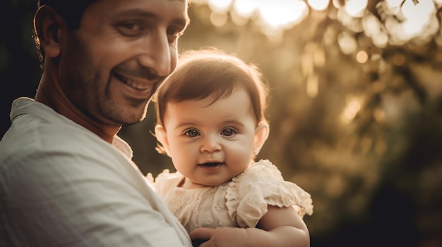 A father holds a baby in his arms.