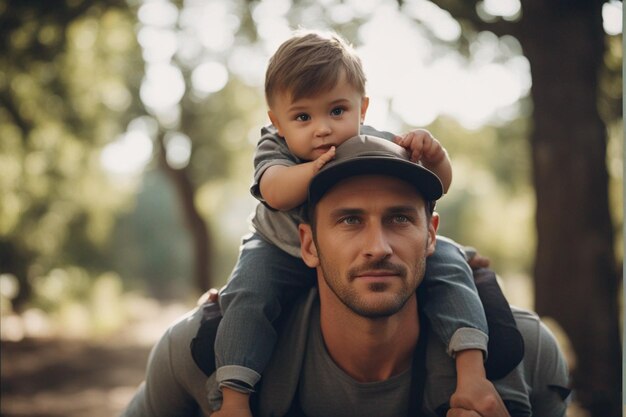 Photo a father holds his son on his shoulders.