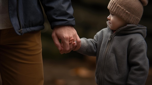 Father holds his son's hand while walking outside