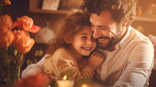 Father hugging his little daughter Fathers day Cute couple of parent and child Portrait