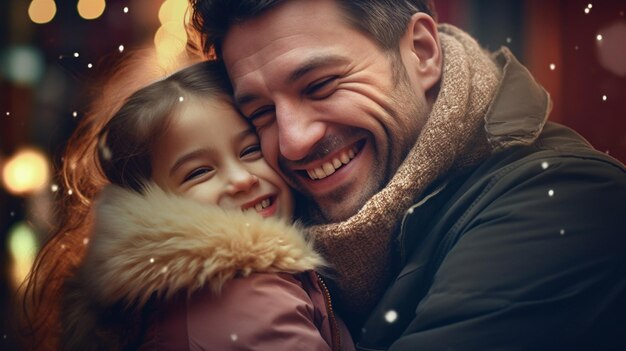 Foto padre che abbraccia la sua bambina il giorno del padre cucina coppia di genitori e figli ritratto