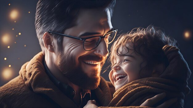 Photo father hugging and smiling with his son on father's day