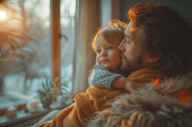 A father hugs his child warmly