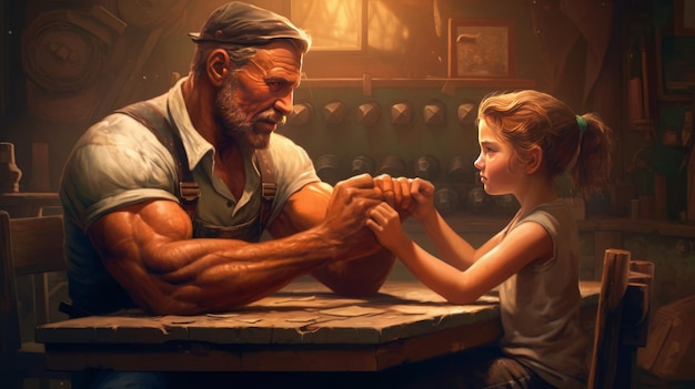 Father and kid arm wrestling competition