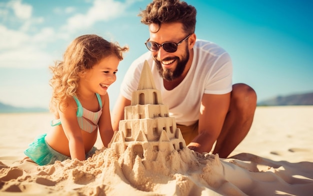 Father and kid Girl Making Sand Castle on Beach Ai