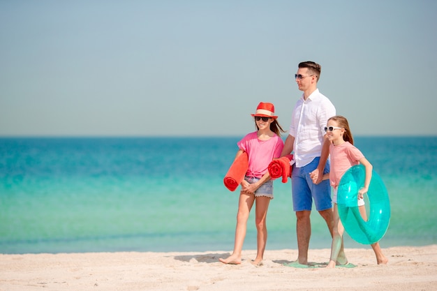 父と子供たちはビーチの夏休みを楽しんで