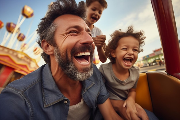 Father and kids enjoying a day at an amusement Generative ai