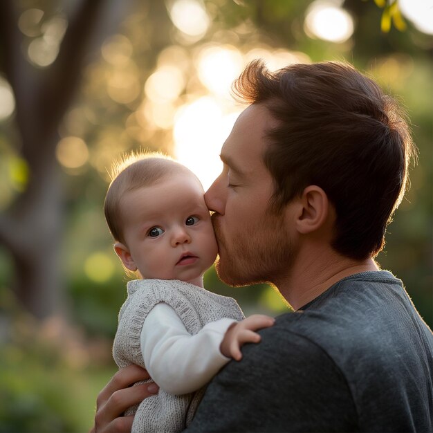 Photo father kissing his baby in the park