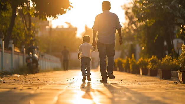 a father leads his little son to walk to the mosque Generative AI