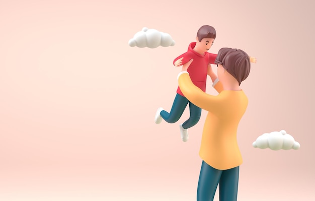 Father Lifting his Son 3D Illustration