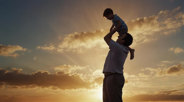 写真 父 の 日 に 夕暮れ の 空 に 向かっ て 息子 を 持ち上げ て いる 父