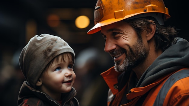 특별한 유니폼을 입은 건설 노동자 아버지와 작은 아들