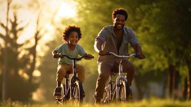 Foto padre e figlio piccolo in bicicletta