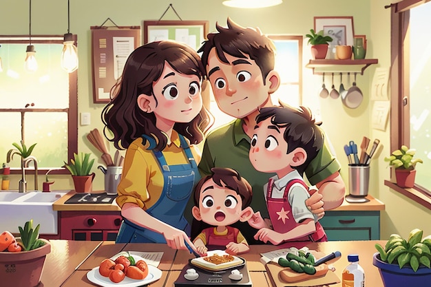 father mother and child family cooking in kitchen warm family wallpaper background illustration