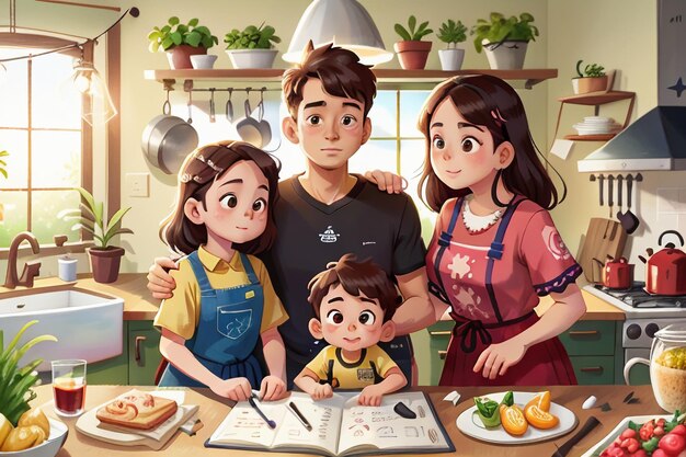 Father mother and child family cooking in kitchen warm family wallpaper background illustration