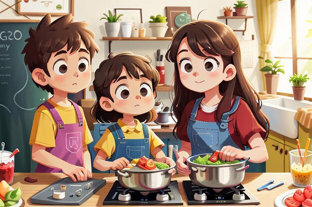 отец мать и ребенок семья готовит на кухне теплые семейные обои фоновая иллюстрация