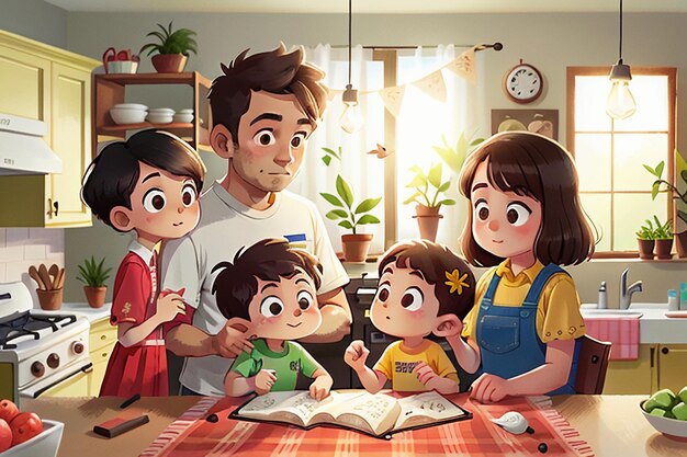 부엌 따뜻한 가족 벽지 배경 그림에서 아버지 어머니와 자식 가족 요리