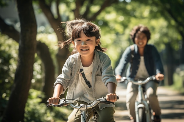 ヘルメットをかぶった父と母と子供たちが一緒に自転車に乗る 生成AI