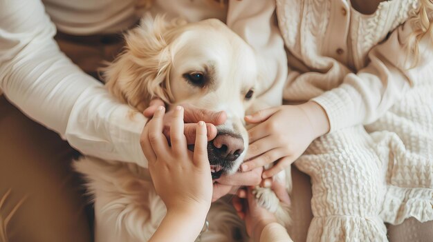 사진 아버지, 어머니, 딸, 그리고 개는 색 방 배경에서 손을 잡고 있습니다.