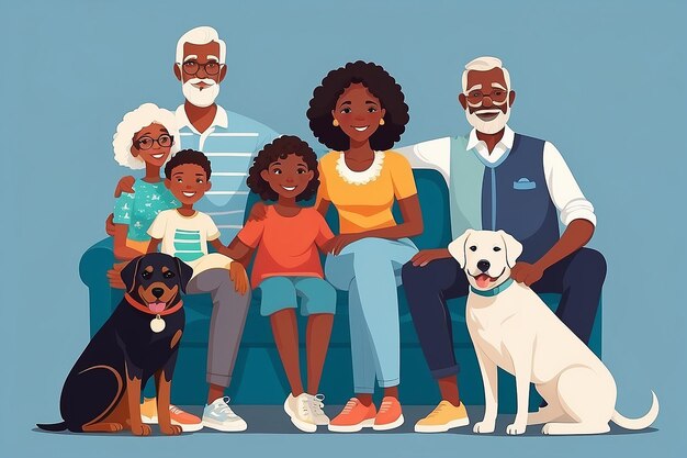 Photo father mother grandmother grandfather sons daughters and dog together happy large black family portrait vector illustration of a flat design