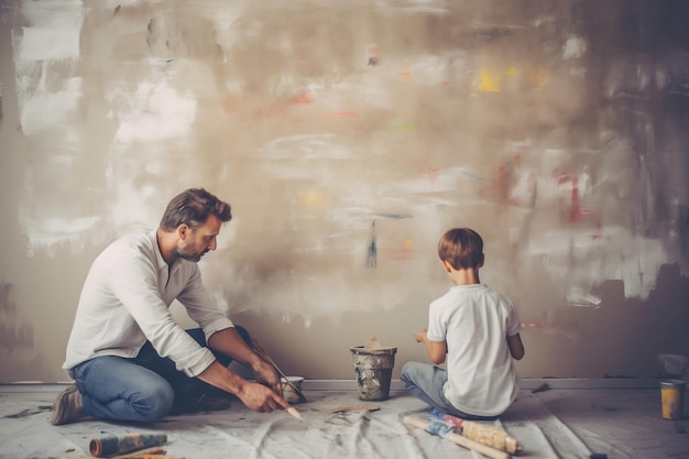 A father painting the wall with his child and spending time together Father's Day graphic illustration Generative Ai