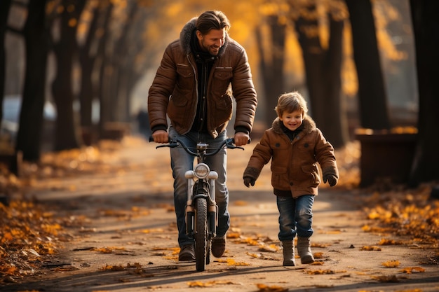 Father patiently teaching his son to ride a bicycle in the beautiful surroundings of a park