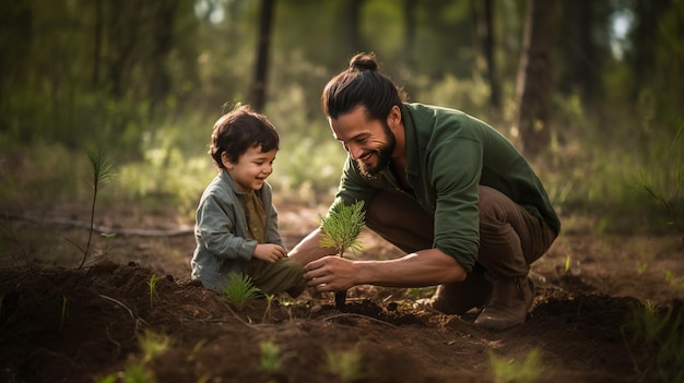 幼い息子と一緒に木を植える父親