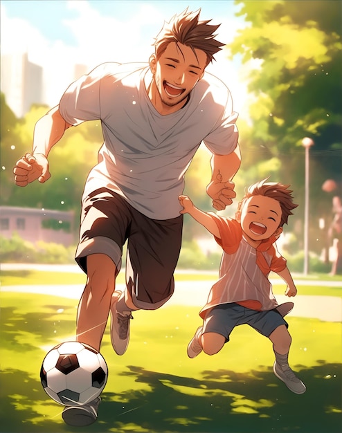 A father playing soccer with his son