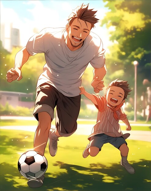 A father playing soccer with his son