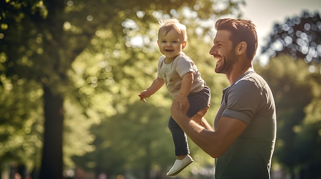 写真 晴れた日に公園で赤ちゃんと遊んでいる父親