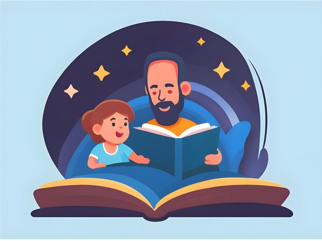 Photo a father reading bedtime stories to his children fathers day illustration image ai generate