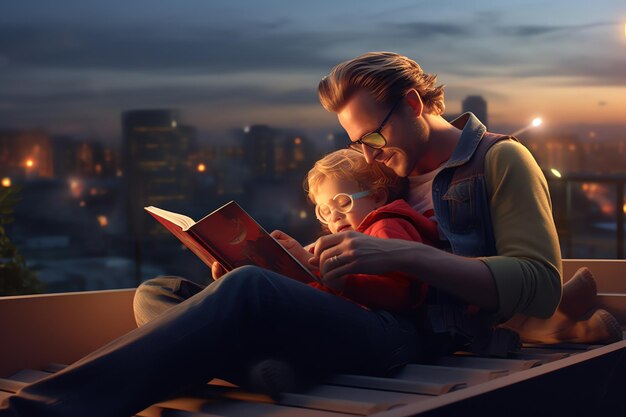 A father reads a book with his son