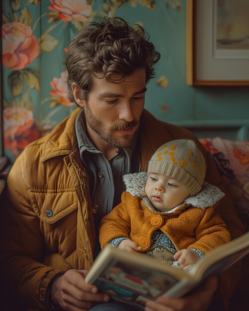 A father reads a story to his son in the library room in a cold atmosphere