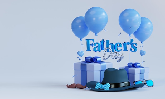 father's day 3d illustration background with balloons gift present tie mustache eyeglasses 3d text