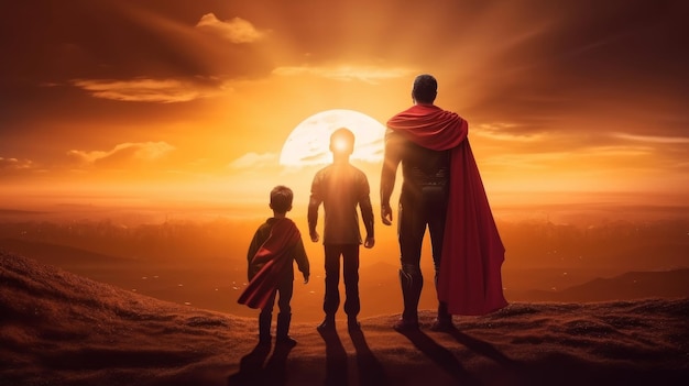 Father's Day Background Superhero Father with Child Illustration AI Generative