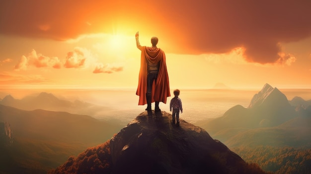 Father's Day Background Superhero Father with Child Illustration AI Generative