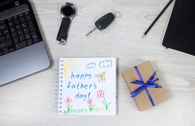 Father's day background with photo in wooden frame. View from above. Flat lay.