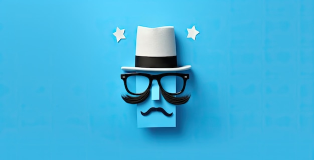 Father's Day Holiday Concept Transparent glasses stylish black paper photo booth props moustaches on blue background