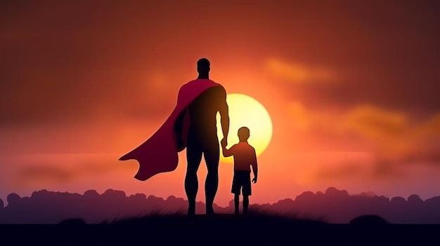 Father's day illustration of father in superhero costume with his child Generative ai