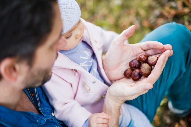 Father searching for chestnuts in park, with baby daughter on his lap