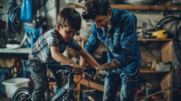 父と息子はガレージで一緒に自転車を修理している.二人ともカジュアルな服を着て,一緒に時間を過ごすことに幸せそうに見える.