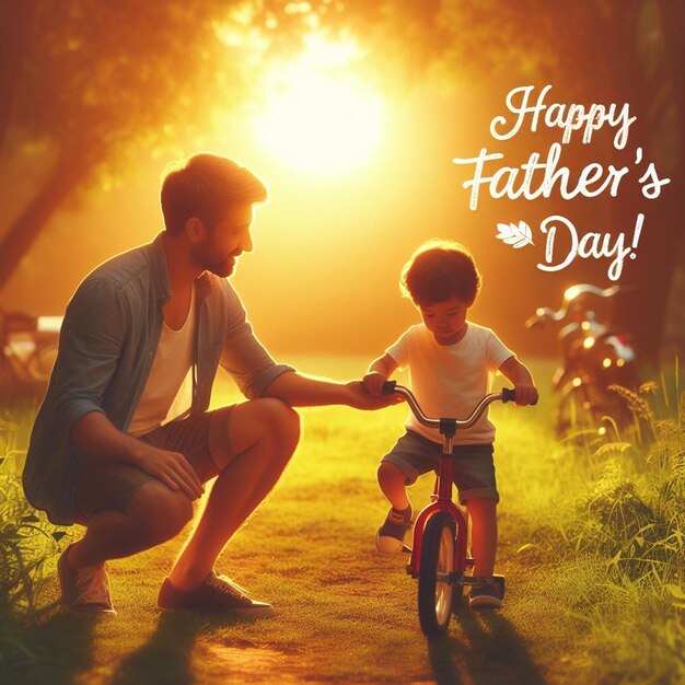 Photo a father and son are holding hands and a bicycle with the words happy father day