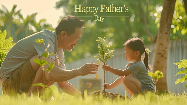 a father and son are looking at a tree with the words happy fathers day