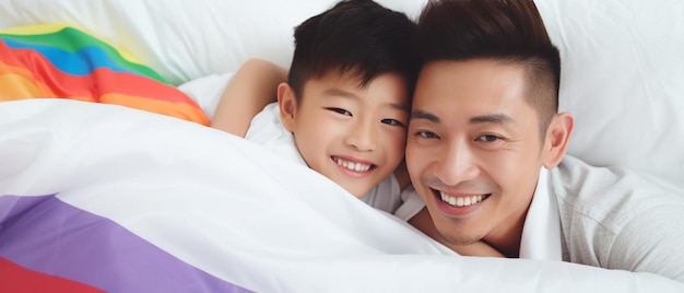 Photo a father and son are lying in a bed with a blanket that says  happy