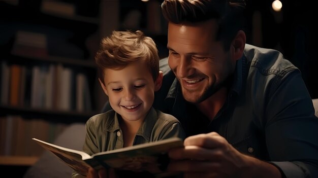 Photo father and son are reading a book together on a chair happily