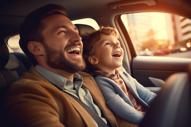 A father and son are sitting in a car and smiling