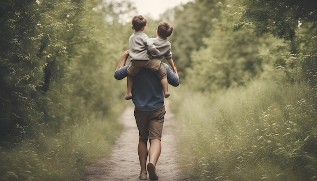 Foto un padre e un figlio stanno camminando lungo un sentiero in una foresta