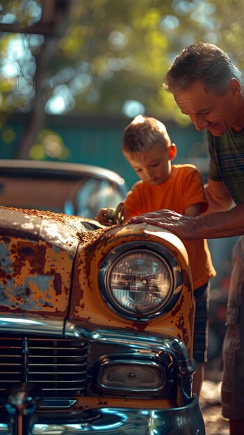 Father and Son Bonding Over Car Restoration Project on Fathers Day Authentic and Heartfelt Photo