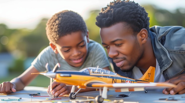 Photo father and son bonding over model airplane building